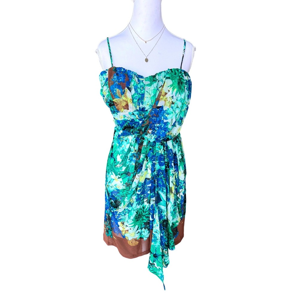 Y2K XOXO Asymmetrical Mini Dress Fairy Floral Ruffle Green Blue Brown Size 11/12